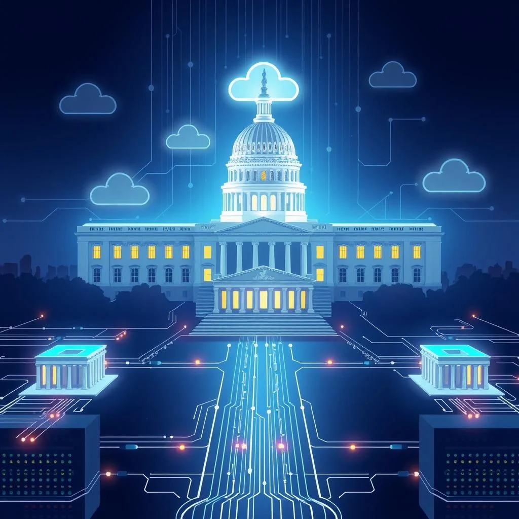 Kapitol Spojených států amerických s digitálními datovými cestami a mraky symbolizujícími cloud computing.