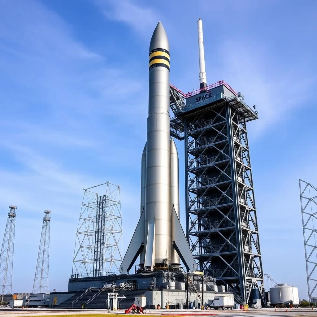 Stojící na startovací rampě je velká šedá raketa s žlutými pruhy na vrcholu, po stranách rakety jsou křídla, které se zužují k zemi a od ní se rozšiřují. Raketa stojí přímo před vysokou věží na startovací rampě. Na vrcholu věže na startovací rampě je nápis SPACE. Dále na levé straně obrázku je vidět několik velkých kovových věží. Na obloze je jasně modrá obloha s několika řídkými mraky.