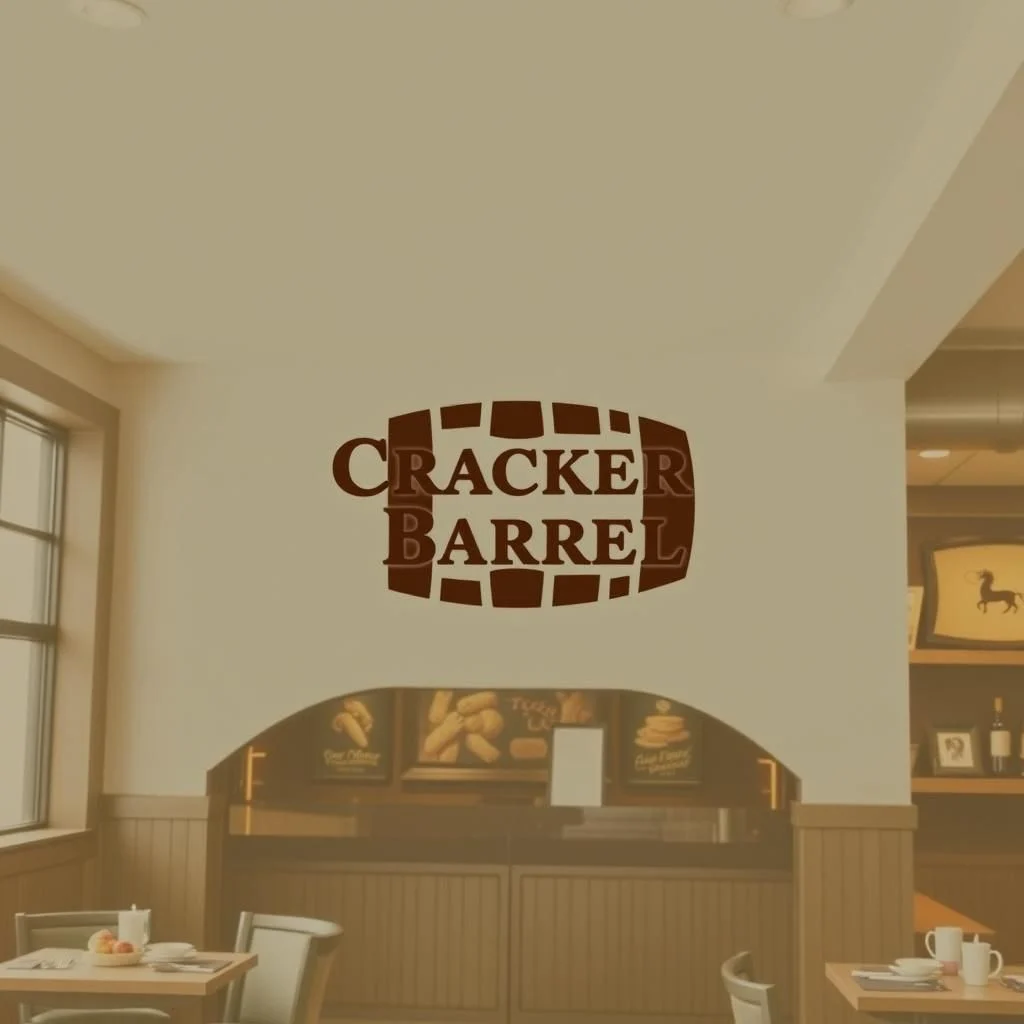 Logo Cracker Barrel na ścianie nad łukowym przejściem z widokiem na wnętrze restauracji z stołami i krzesłami.