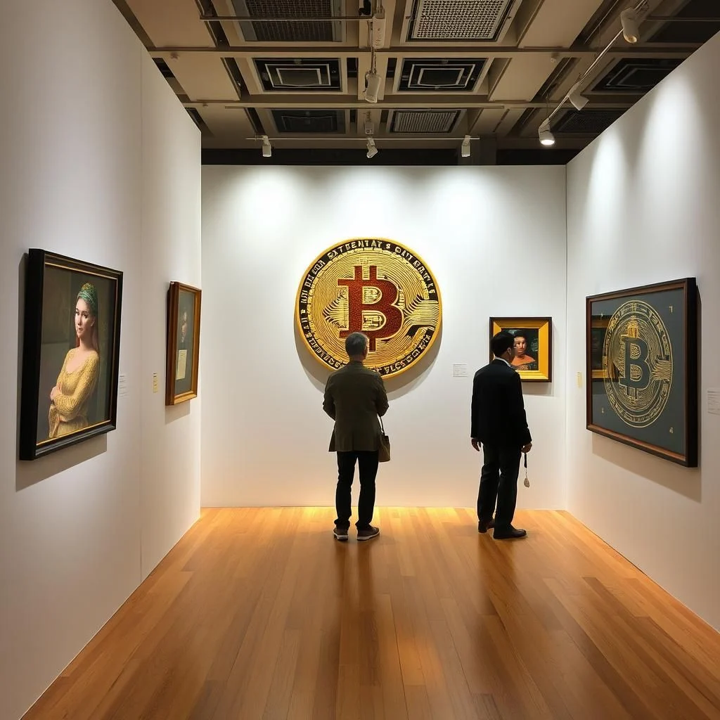 Muzeum z dwoma odwiedzającymi oglądającymi sztukę bitcoinową, na której widnieje duży symbol bitcoinu.