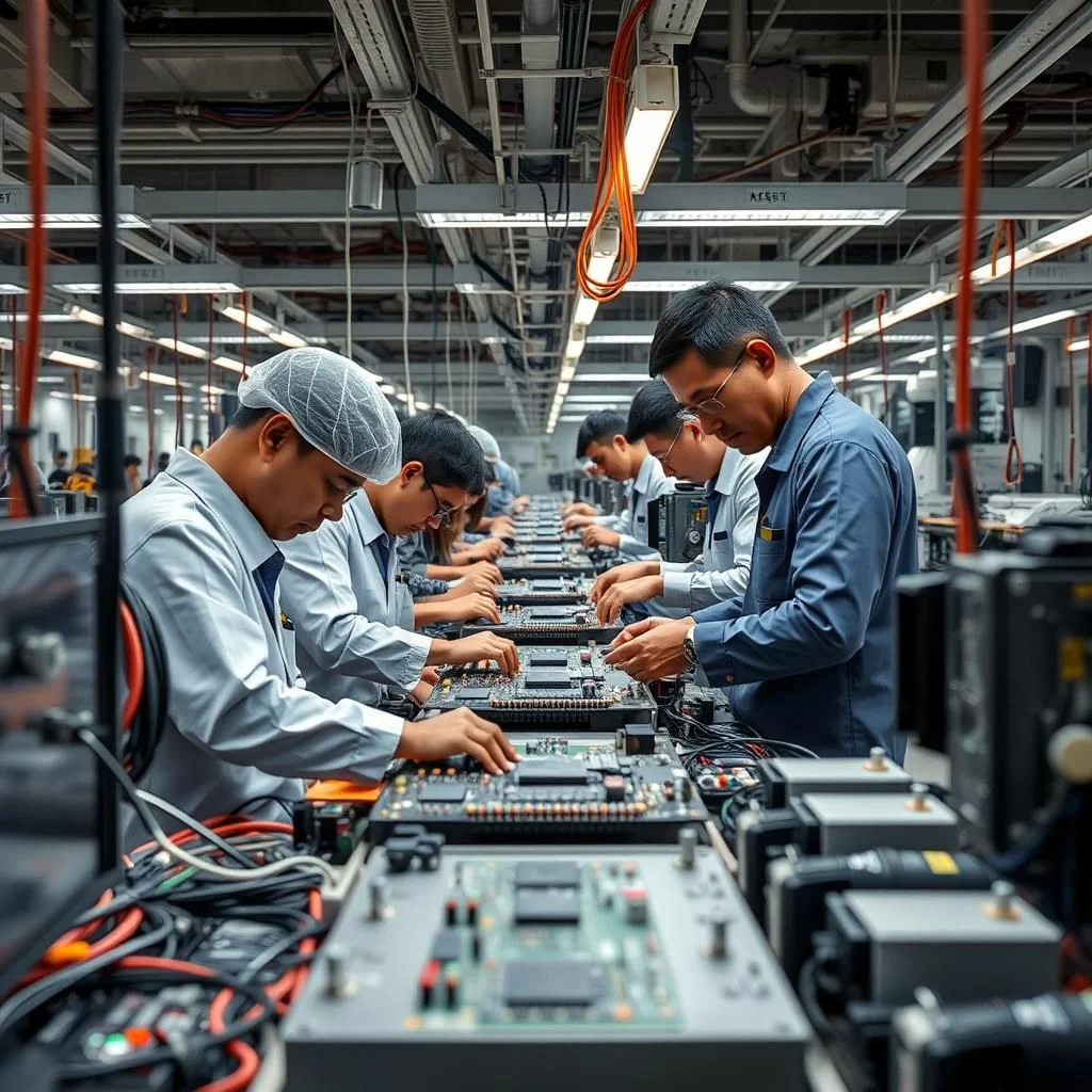 Muži v laboratoři pracující na elektronických součástkách.