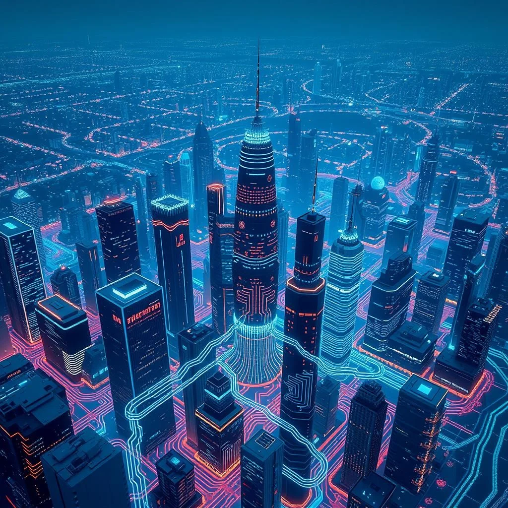 Mrakodrapy ve futuristickém městě osvětlené neonovými liniemi.