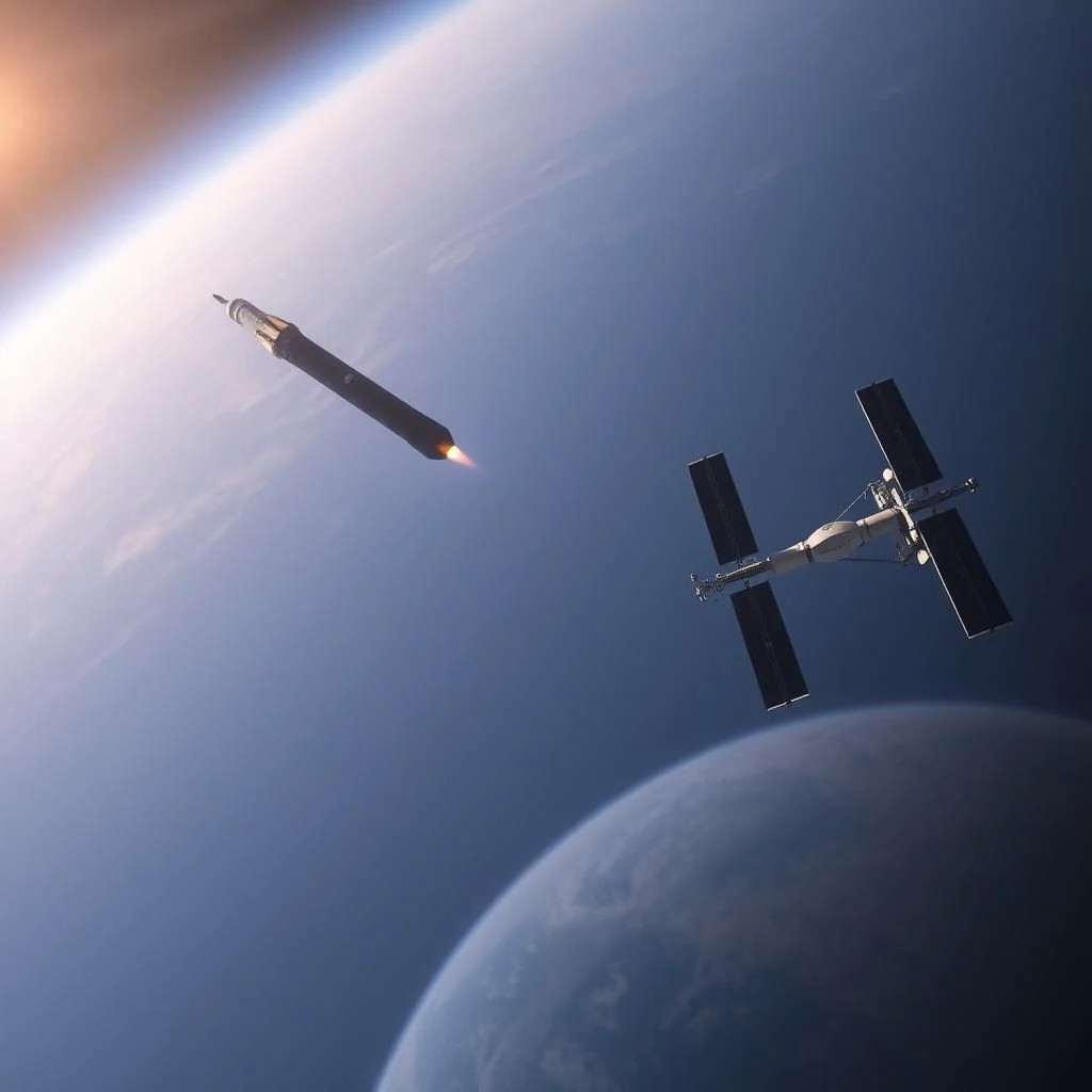 Raketa se vznáší vesmírem k vesmírné stanici s planetou v pozadí.