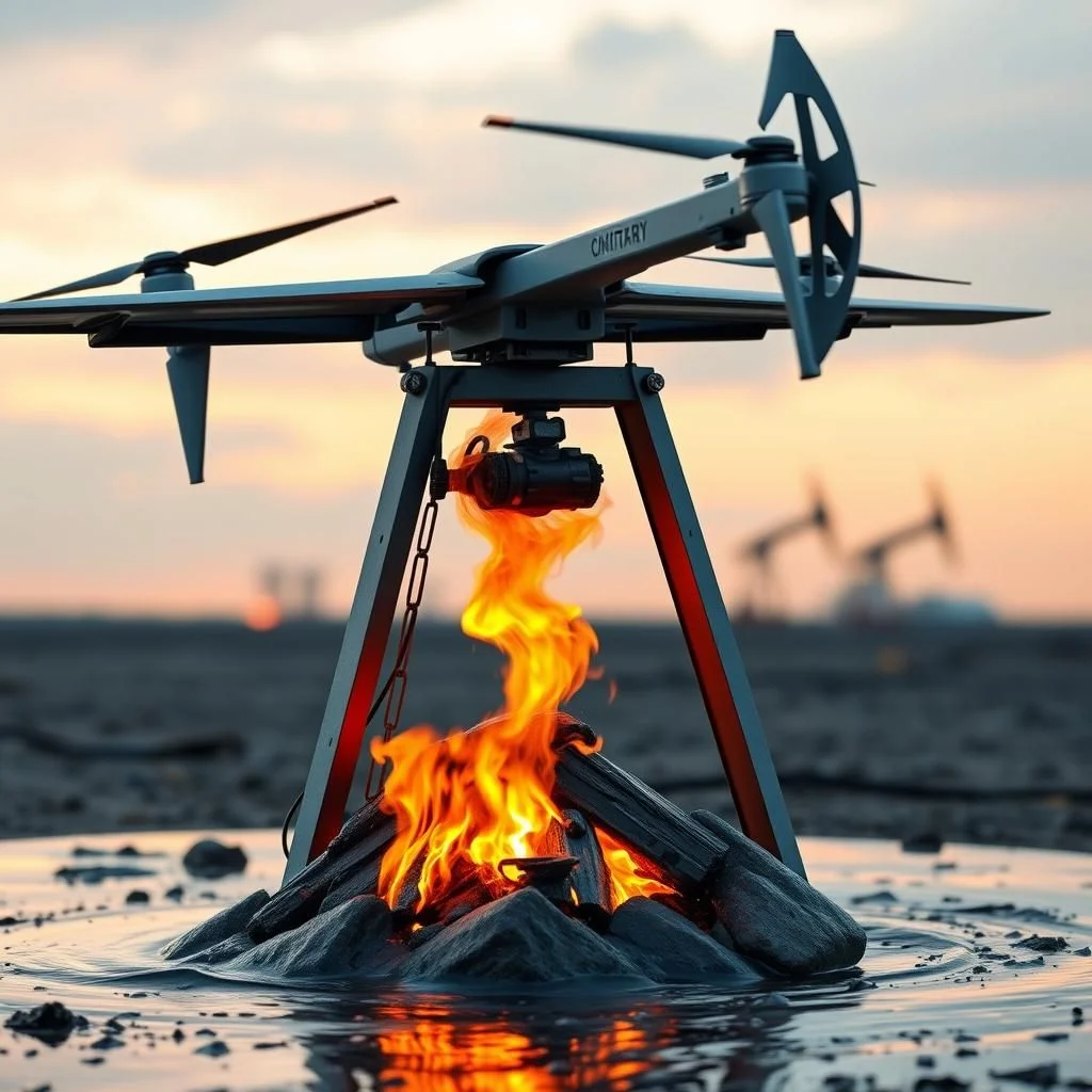 Dron unosící se nad ohništěm za soumraku.