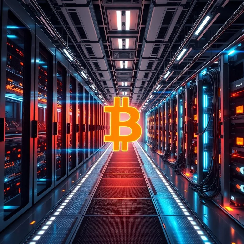 Złoty symbol Bitcoina w tle serwerowni z niebieskimi i czerwonymi światłami.