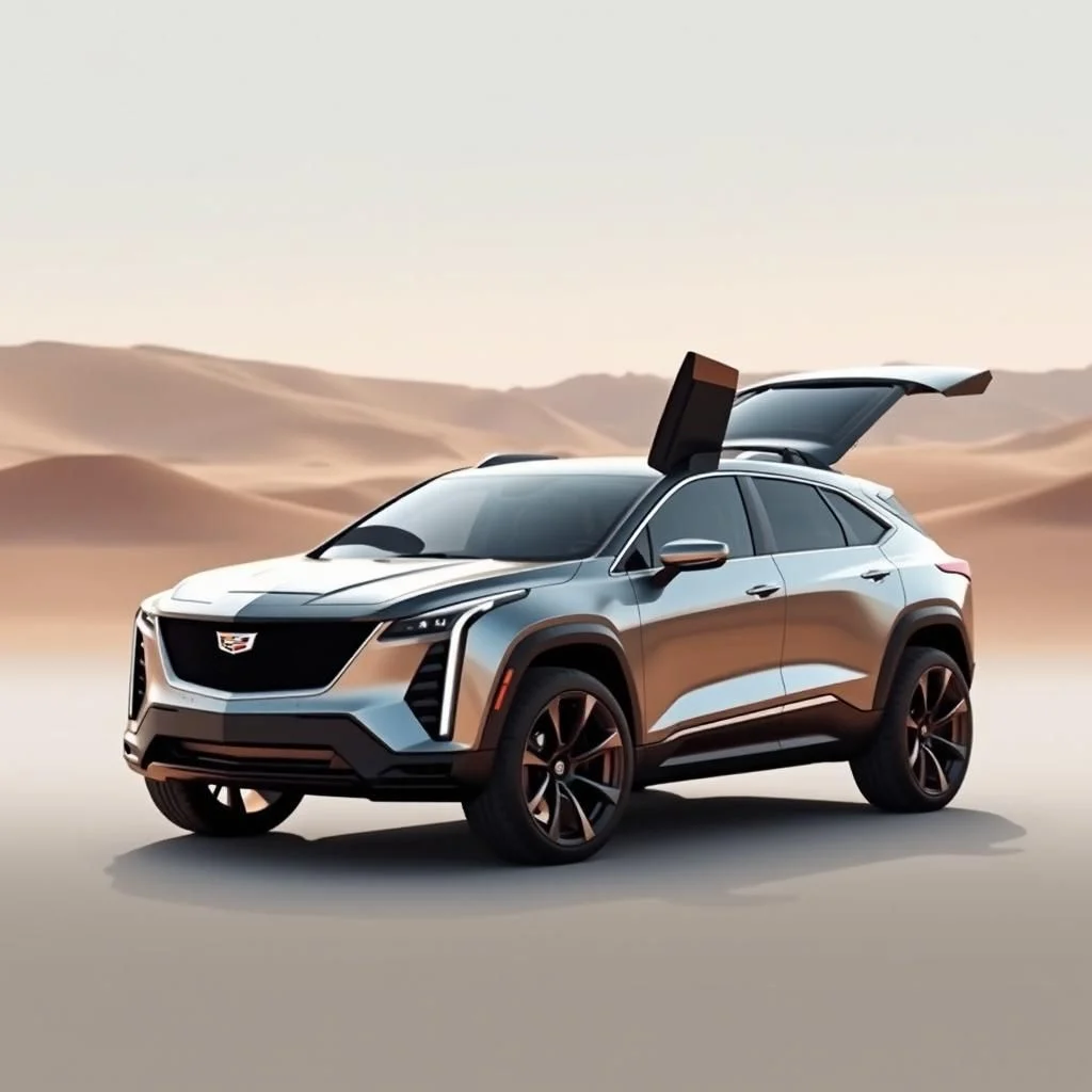 Stříbrná cadillac v poušti s otevřenými dveřmi a zavazadlovým prostorem.